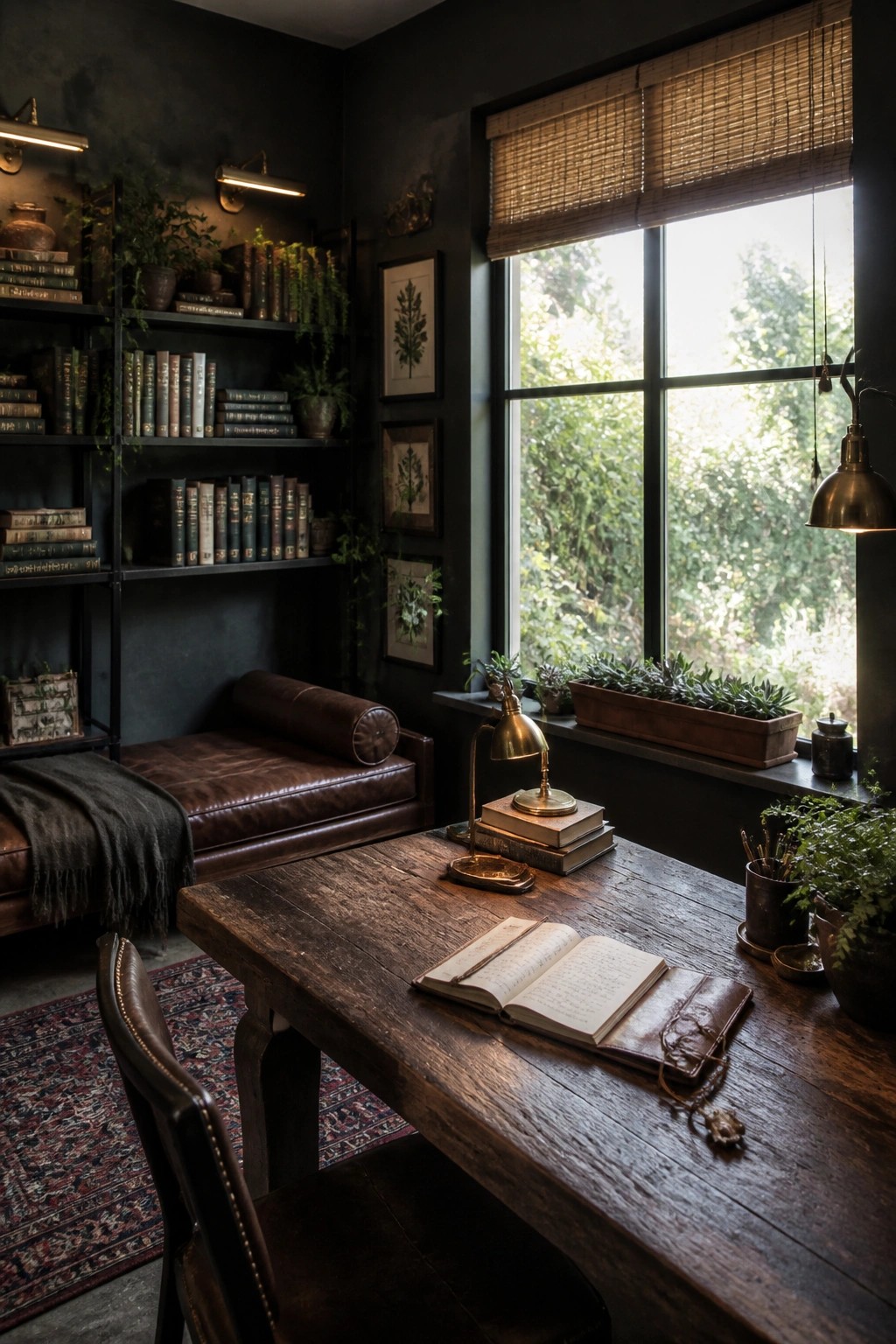 A home office with dark walls, a wooden desk holding an open notebook, leather chair, built-in bookshelves, and a large window with plants on the sill.