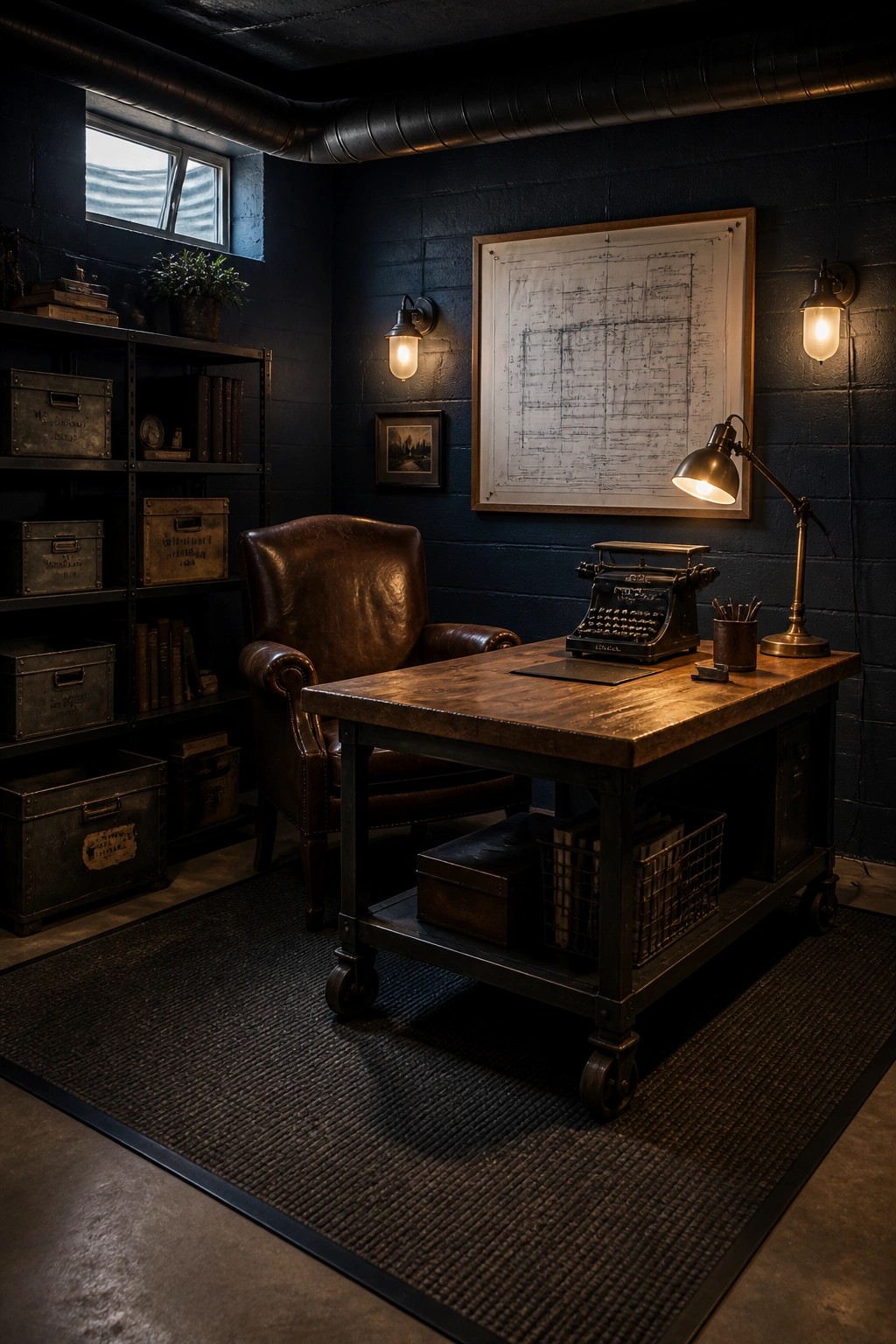 A masculine home office with dark blue walls, a large wooden desk holding a vintage typewriter, and a brown leather armchair on a dark rug.