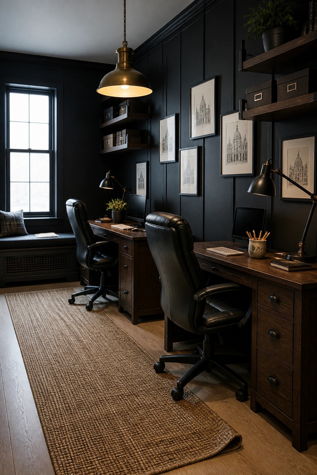 A home office with dark paneled walls, two wooden desks with black leather chairs, framed prints, and a woven rug.