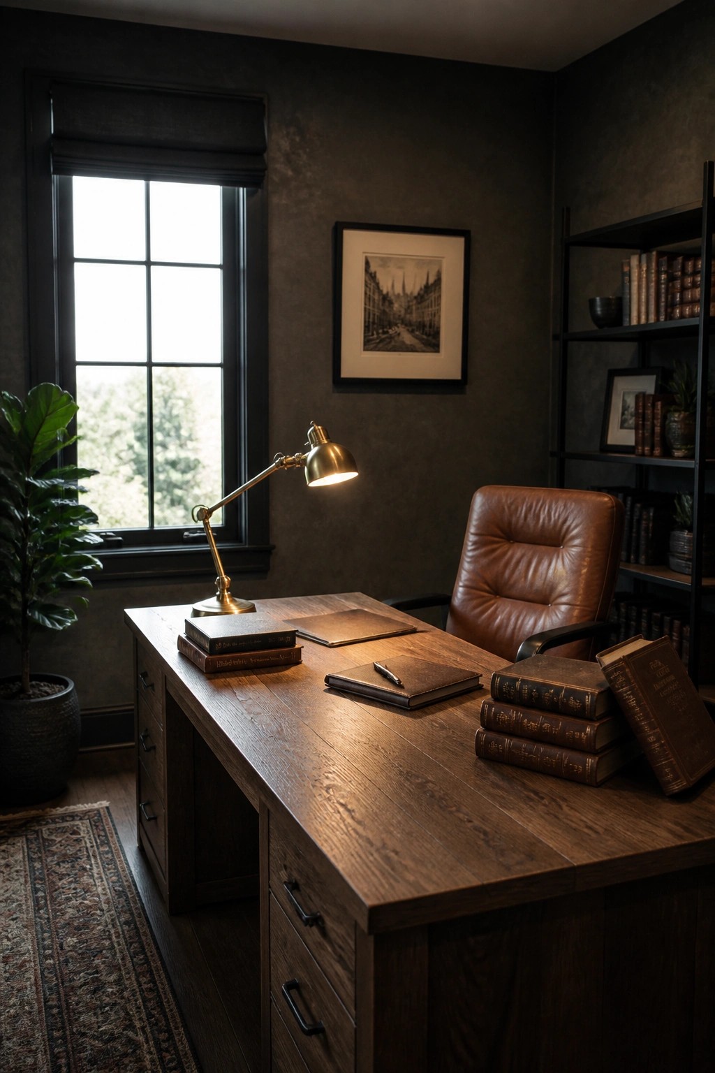 A home office featuring a large wooden desk, brown leather office chair, dark walls, a window with a desk lamp, and stacks of books.