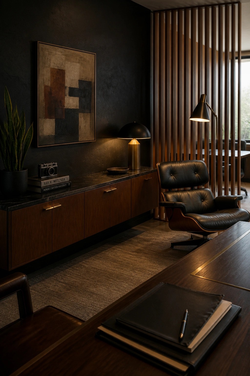 A dark masculine home office featuring a long wooden credenza against a black textured wall, a black leather lounge chair, and a desk with notebooks and a pen in the foreground.