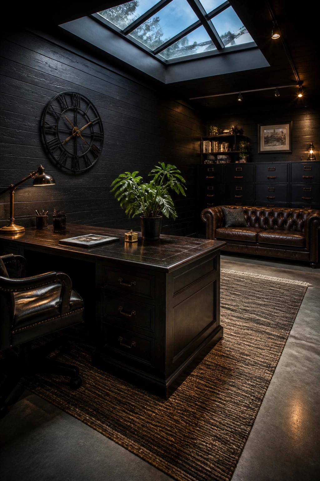 A dark masculine home office with horizontal black wood paneling, a large wooden desk, leather chair, brown leather sofa, large wall clock, and skylight overhead.