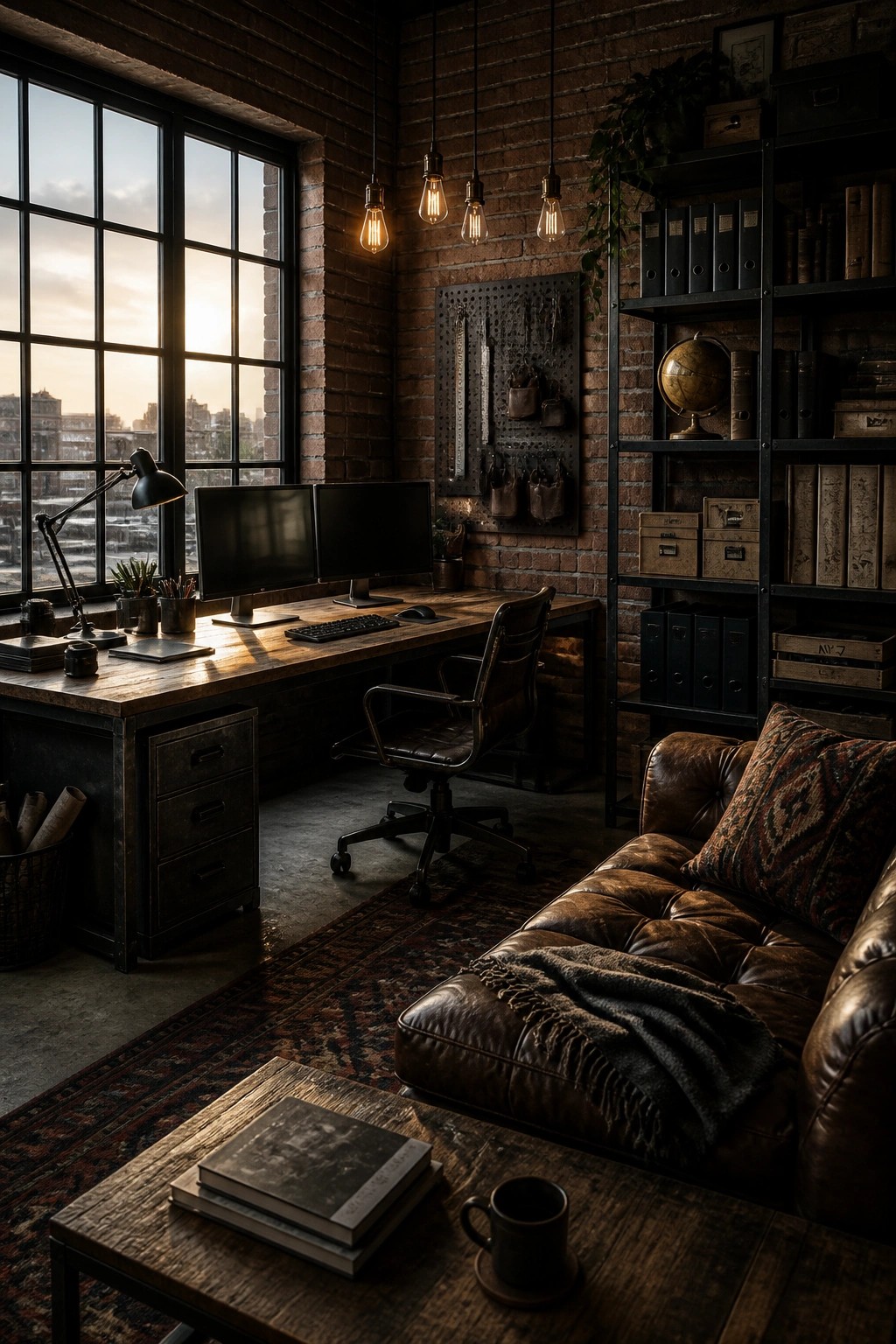 A dark masculine home office featuring exposed brick walls, a wooden desk with dual monitors, a brown leather chair and sofa, and industrial pendant lights.