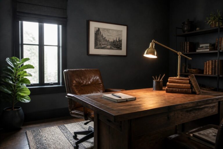 18 Dark Tone Masculine Home Office Ideas for a Bold Dramatic Feel A home office featuring a large wooden desk, brown leather office chair, dark walls, a window with a desk lamp, and stacks of books.
