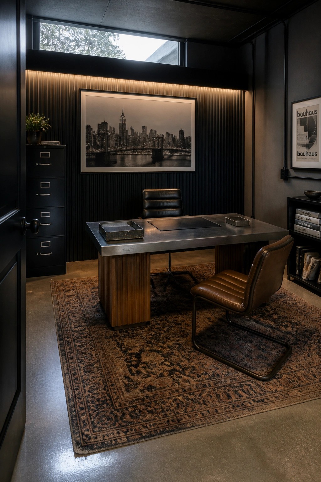 A dark home office featuring a large metal desk on a patterned rug, with two leather chairs, a cityscape photograph on the back wall, and a black filing cabinet to the left.