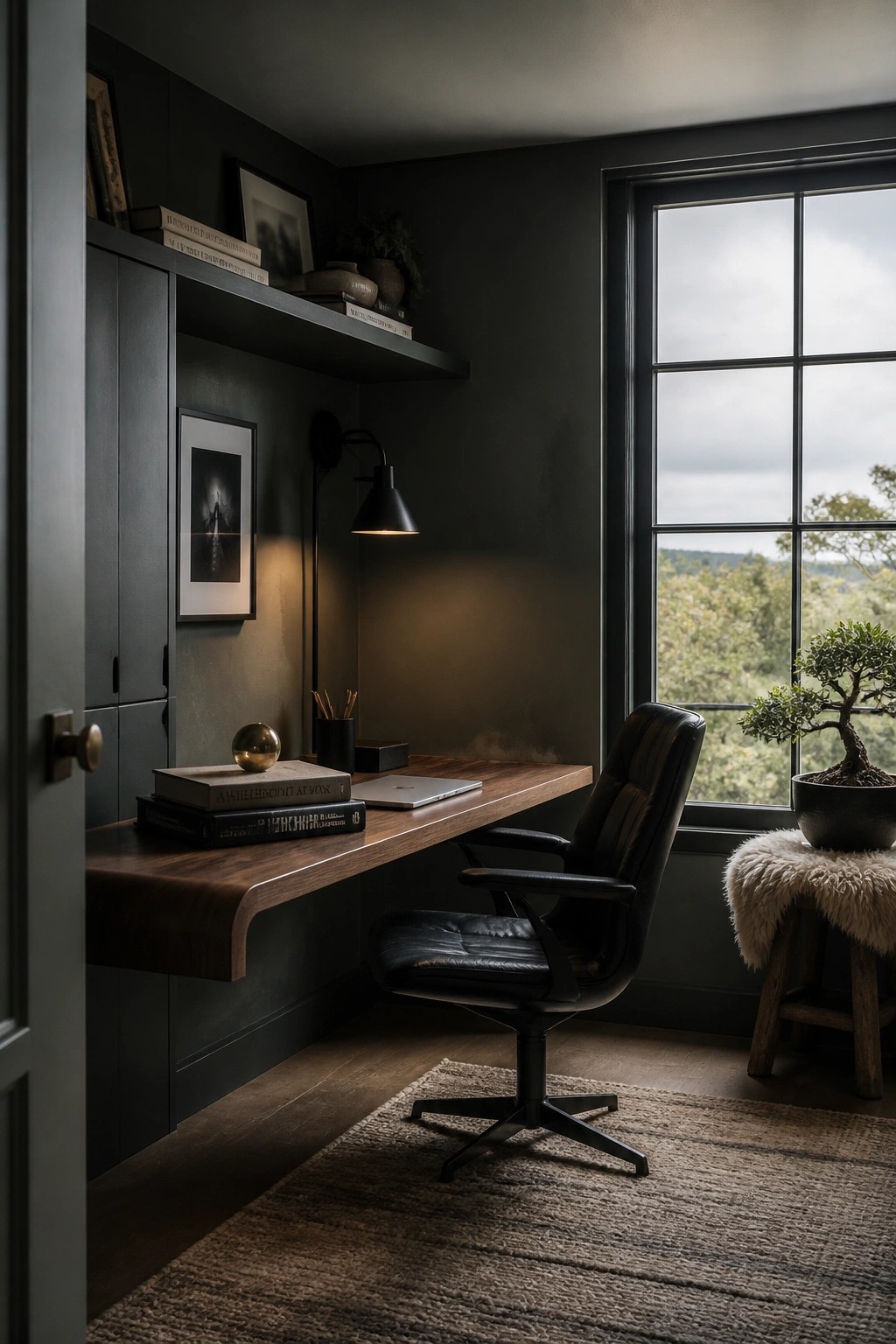 A dark home office featuring a floating wooden desk, black leather swivel chair, and large window with a view of trees.