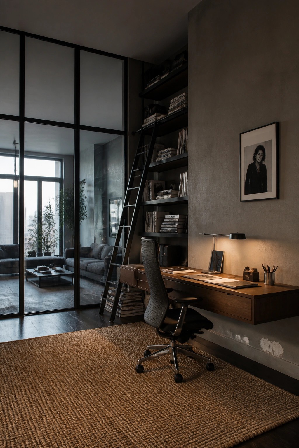 A dark masculine home office featuring a floating wood desk, black ergonomic chair, tall built-in bookshelves with a rolling ladder, and large black-framed windows.