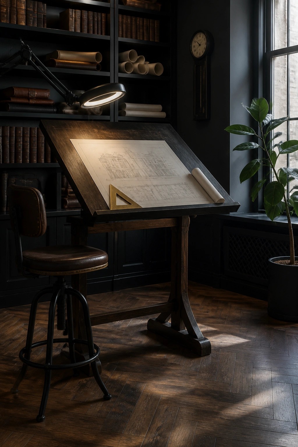 Vintage drafting table with architectural plans in a dark wooden study