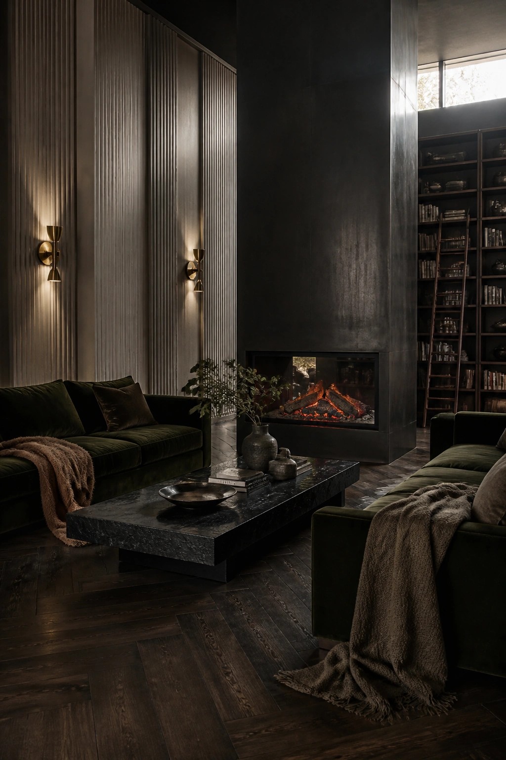 A dimly lit living room with a large dark stone fireplace, two green velvet sofas, a black marble coffee table, wall sconces, and built-in bookshelves with a ladder.