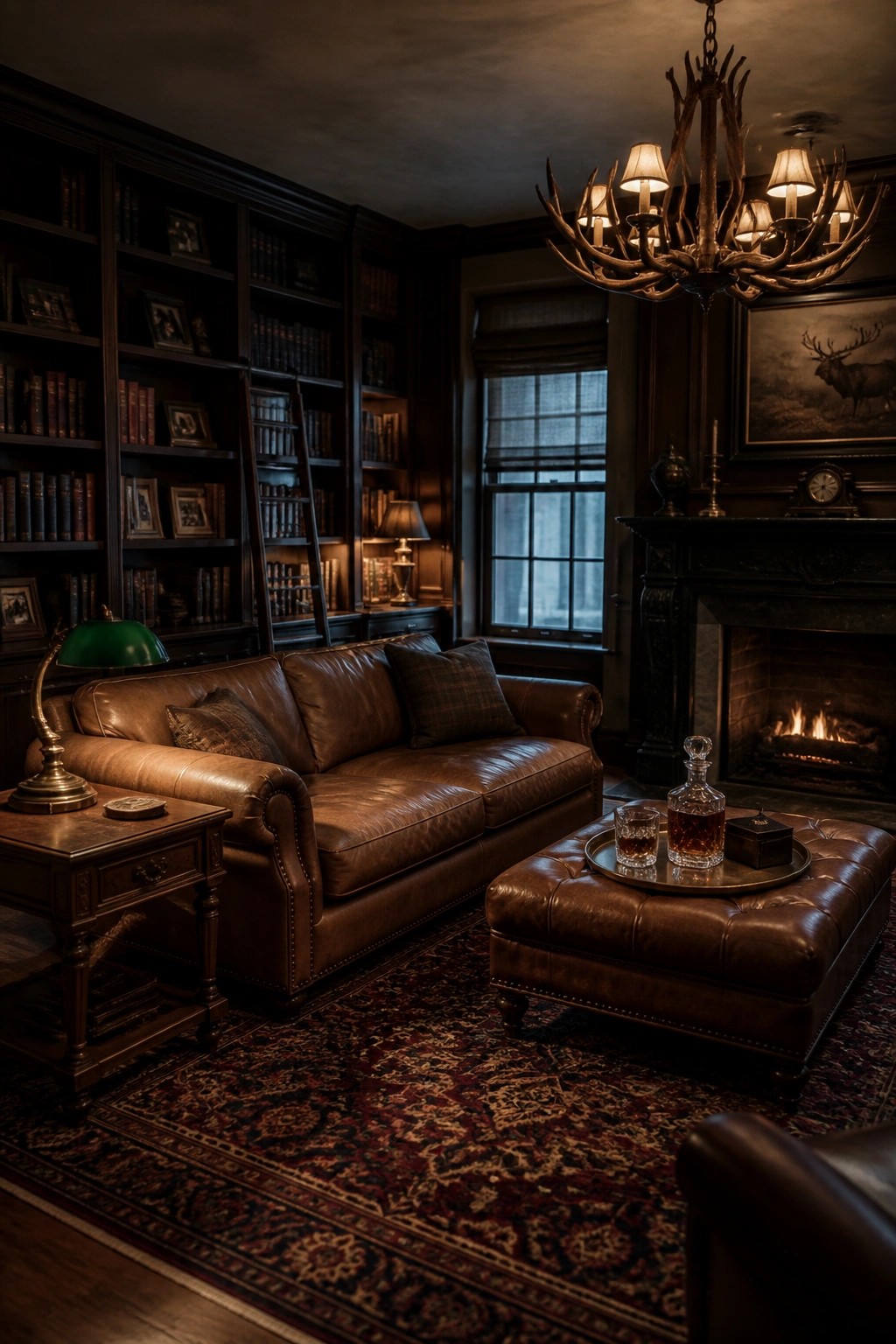 A dark wood living room with floor-to-ceiling built-in bookshelves, a brown leather sofa, an ottoman with a tray of glasses, a fireplace, and an antler chandelier.