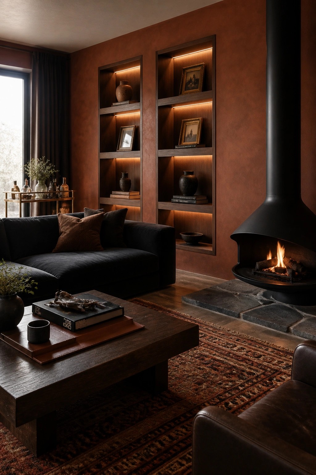Cozy living room with terracotta walls, built-in shelves, black sofa, and fireplace