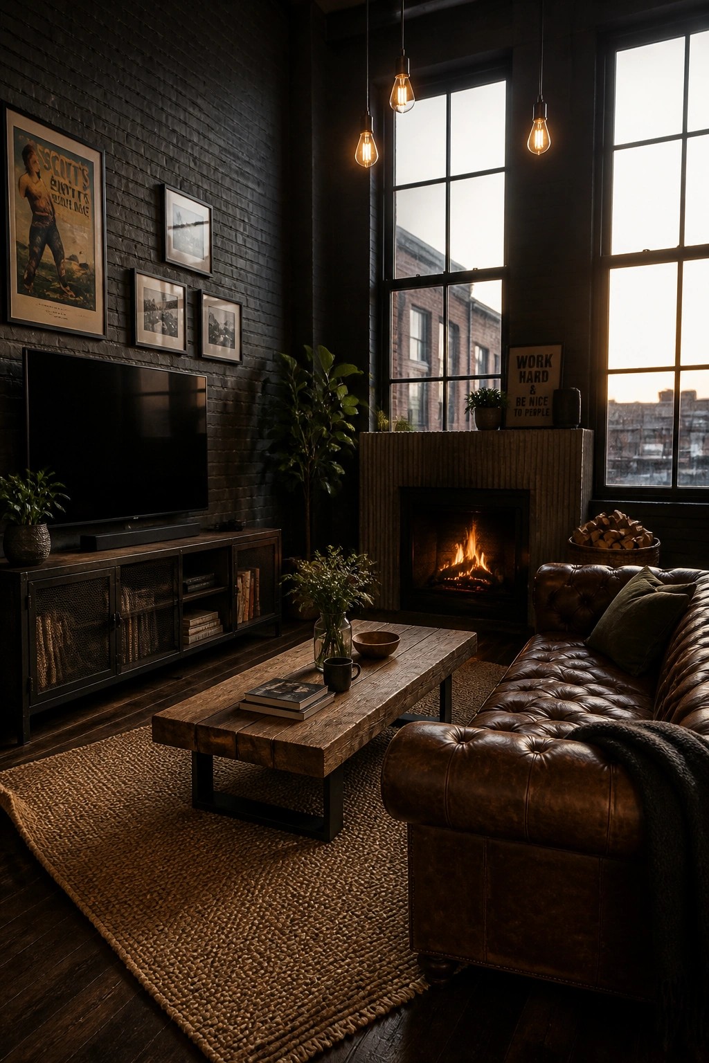 A masculine living room featuring a dark brick accent wall, brown leather sofa, wooden coffee table, fireplace, and large windows with hanging pendant lights.