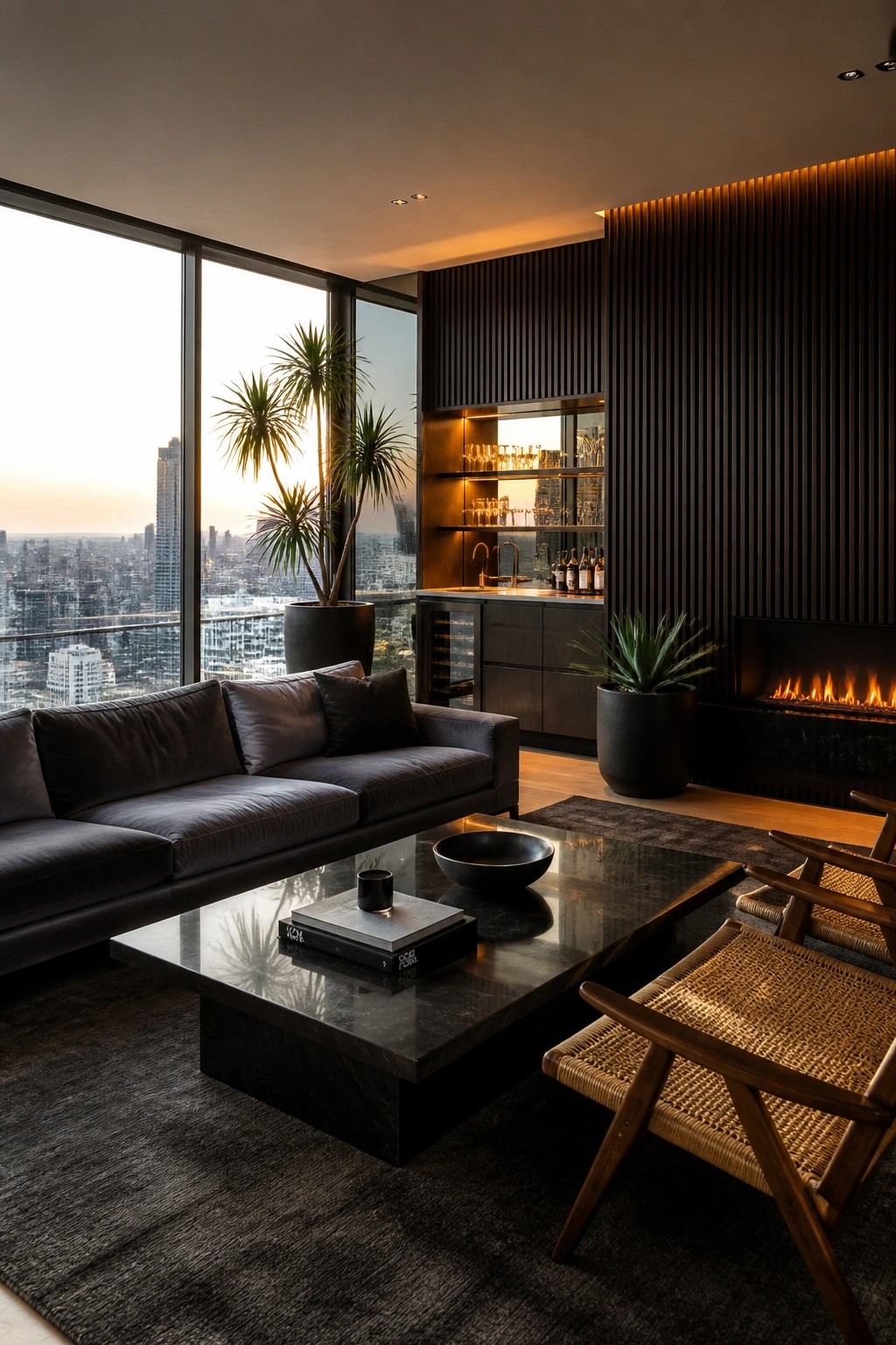 A modern living room featuring a dark leather sofa facing a marble coffee table, with a tall slatted wall containing a lit built-in bar and adjacent fireplace beside large windows.