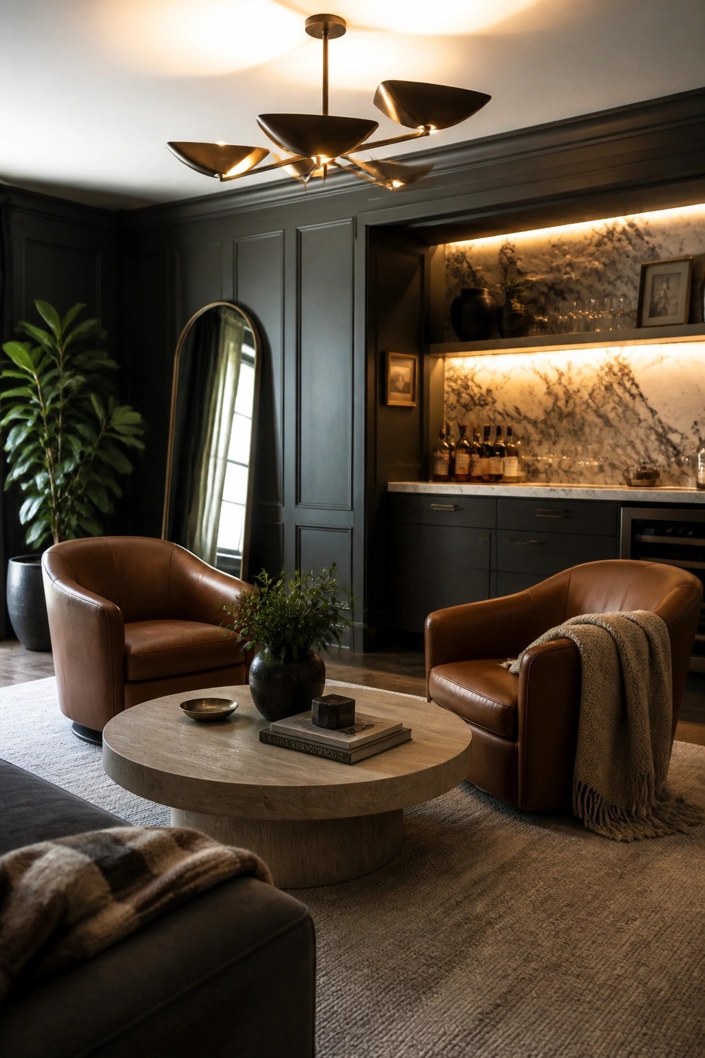 Dark-paneled lounge with brown leather chairs, round wood table, and marble bar