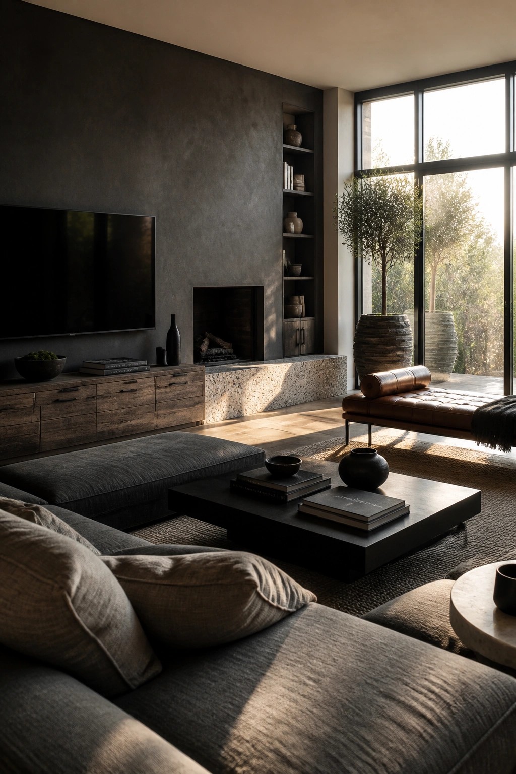 A modern living room with a large dark textured wall containing a mounted flat screen TV, built-in fireplace, and open shelving, next to a gray sectional sofa and black coffee table.