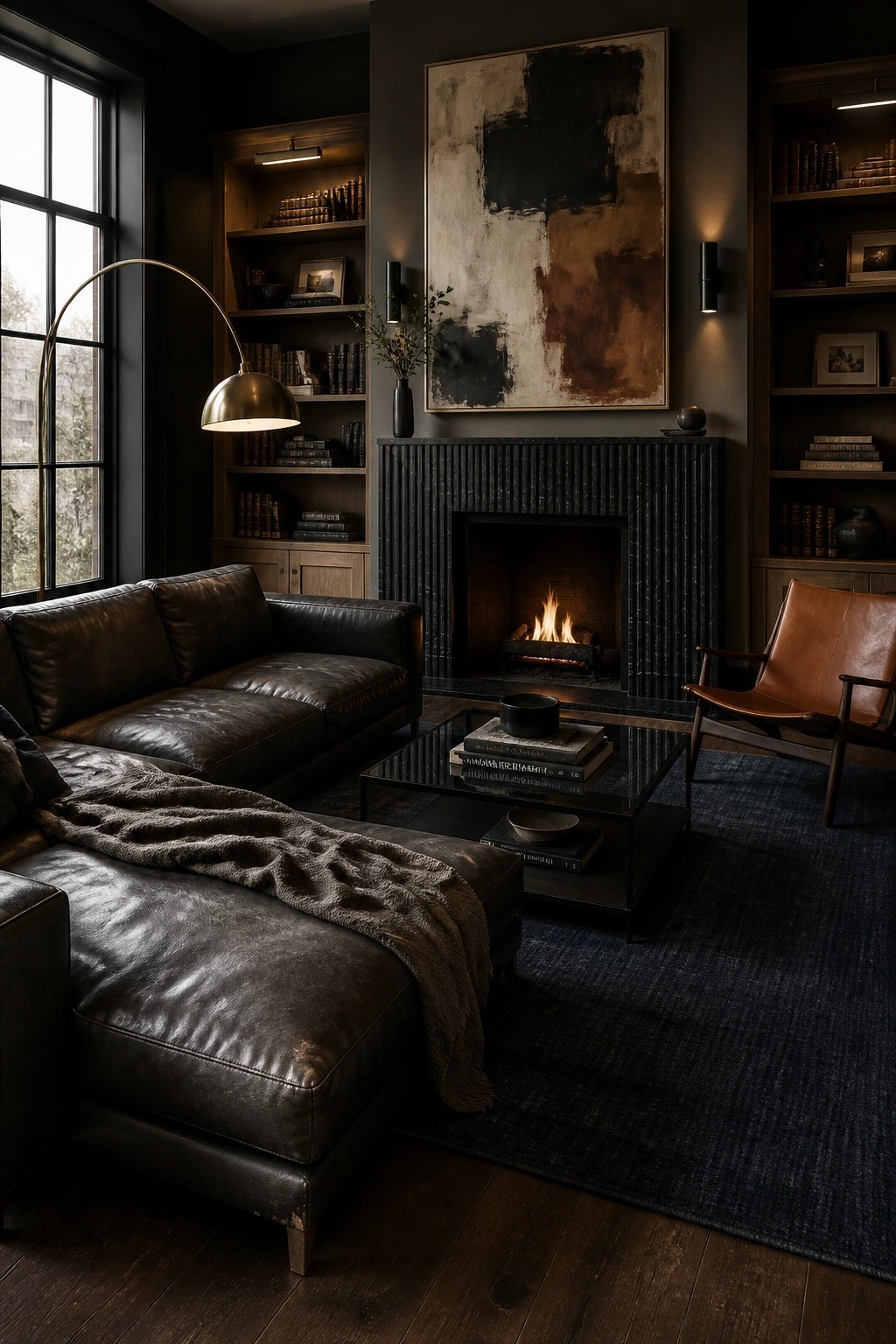 A dark living room with black walls, built-in wooden bookshelves flanking a stone fireplace, a brown leather sofa, a glass coffee table, and an abstract painting above the mantel.
