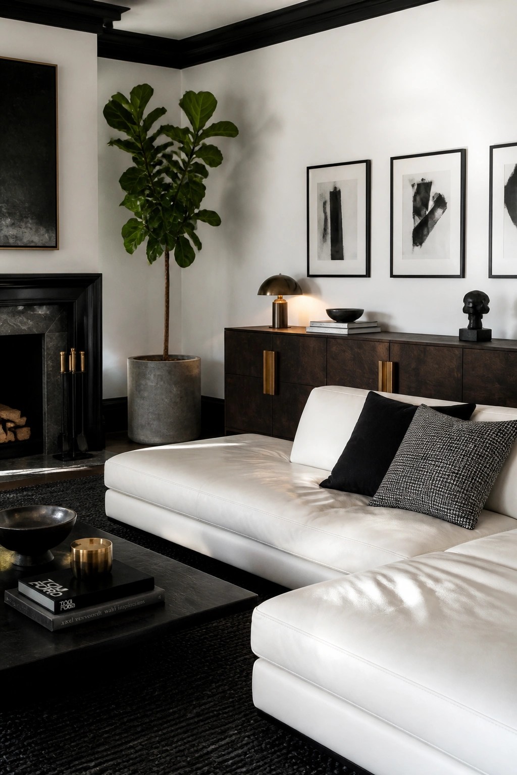 A living room featuring a white leather sectional sofa, dark wood console with brass handles, black fireplace, and large potted fiddle leaf fig tree.