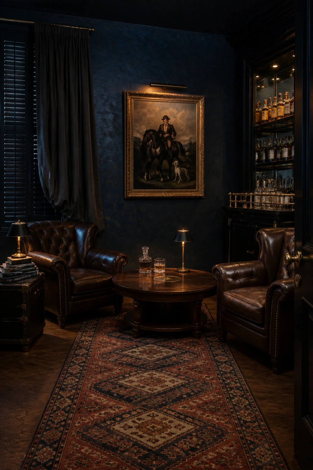 A dark living room with navy walls, two brown leather armchairs facing a round wooden table, a large framed painting on the wall, and a bar cabinet filled with bottles.