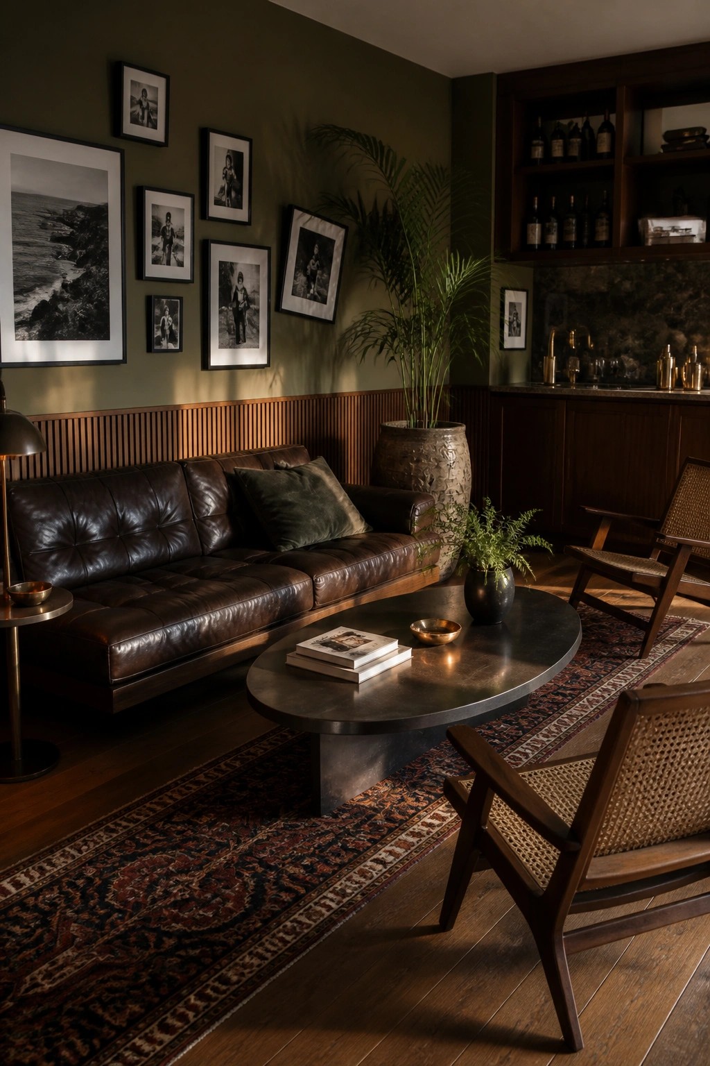 A living room featuring olive green walls, a brown leather sofa, a round metal coffee table, wooden chairs with woven seats, and a collection of framed black and white photos.