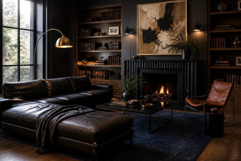 A dark living room with black walls, built-in wooden bookshelves flanking a stone fireplace, a brown leather sofa, a glass coffee table, and an abstract painting above the mantel.