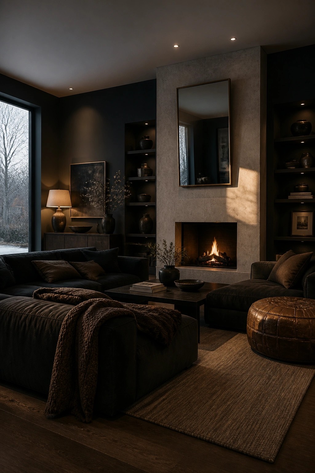 A dimly lit living room featuring dark walls, a large stone fireplace with a mirror above it, a dark sectional sofa, built-in shelves, and a brown leather ottoman on a woven rug.