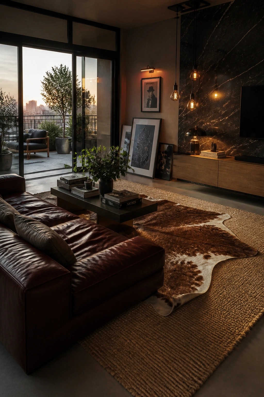 Luxurious living room with leather sofa, cowhide rug, marble wall, and sunset view