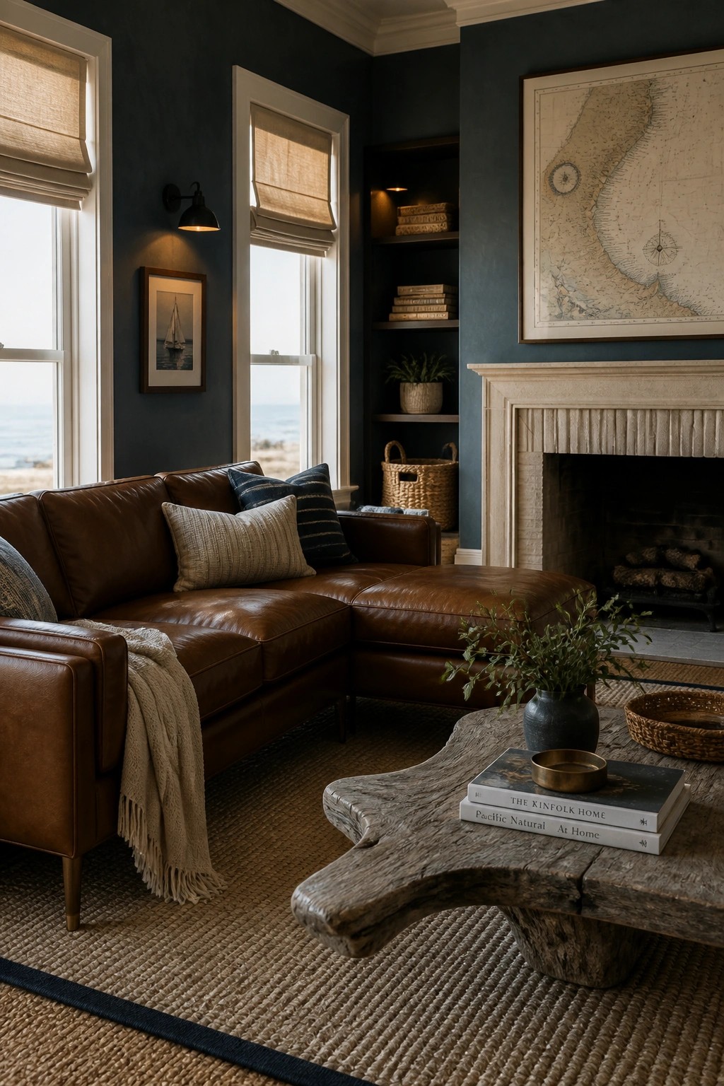 A living room with a brown leather sectional sofa, a live-edge wood coffee table, dark blue walls, a stone fireplace, and a large framed map above the mantel.