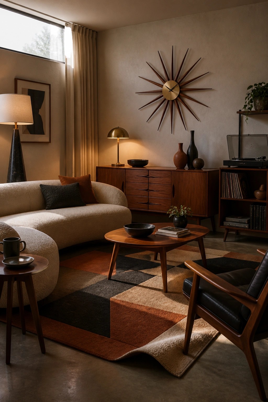 A mid-century living room with a curved bouclé sofa, round wooden coffee table, black leather armchair, wooden credenza, and geometric area rug.