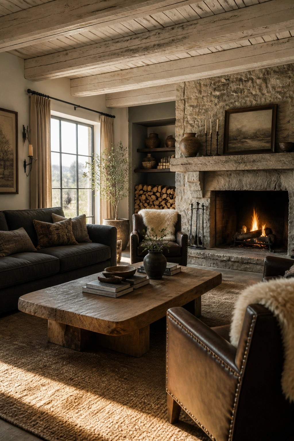 A rustic living room centered on a large stone fireplace with a burning fire, surrounded by leather armchairs, a wooden coffee table, and a dark sofa beneath exposed ceiling beams.