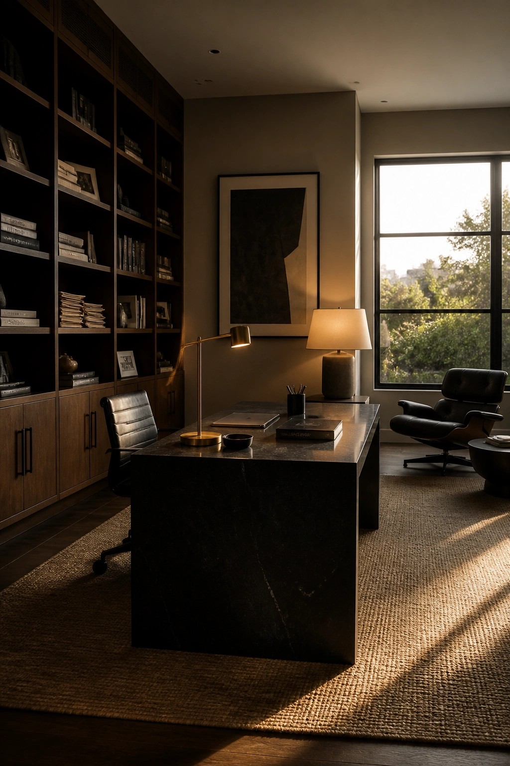 A home office with a large dark stone desk, black leather office chair, built-in dark wood bookshelves, and a window with natural light.