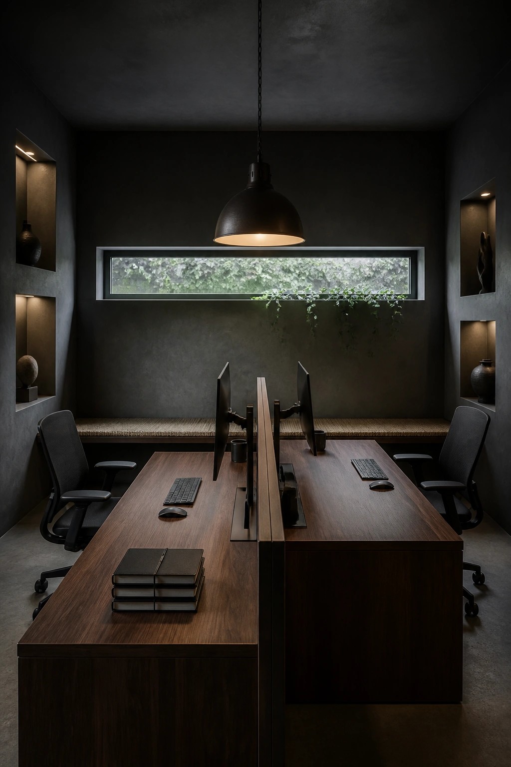 A dark minimalist home office with a long wooden desk divided into two workstations, each with a monitor, keyboard, and office chair, plus a window above with green plants visible outside.