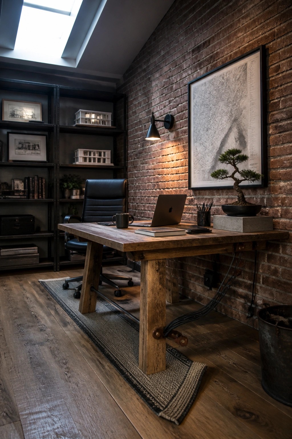 Rustic wooden desk with laptop and bonsai against brick wall in modern office