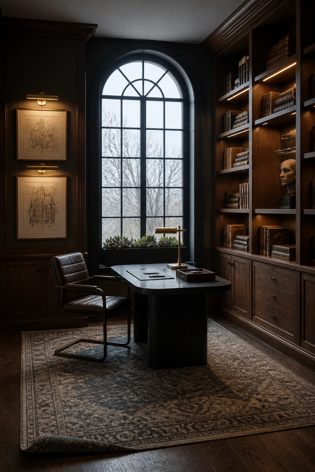 A minimalist masculine home office with dark wood built-in bookshelves, a large arched window, a leather desk chair, and a black desk on a patterned rug.