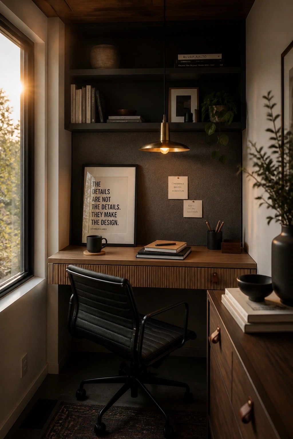 A compact home office with a built-in wooden desk, black leather chair, overhead shelves, and a brass pendant light against a dark textured wall.