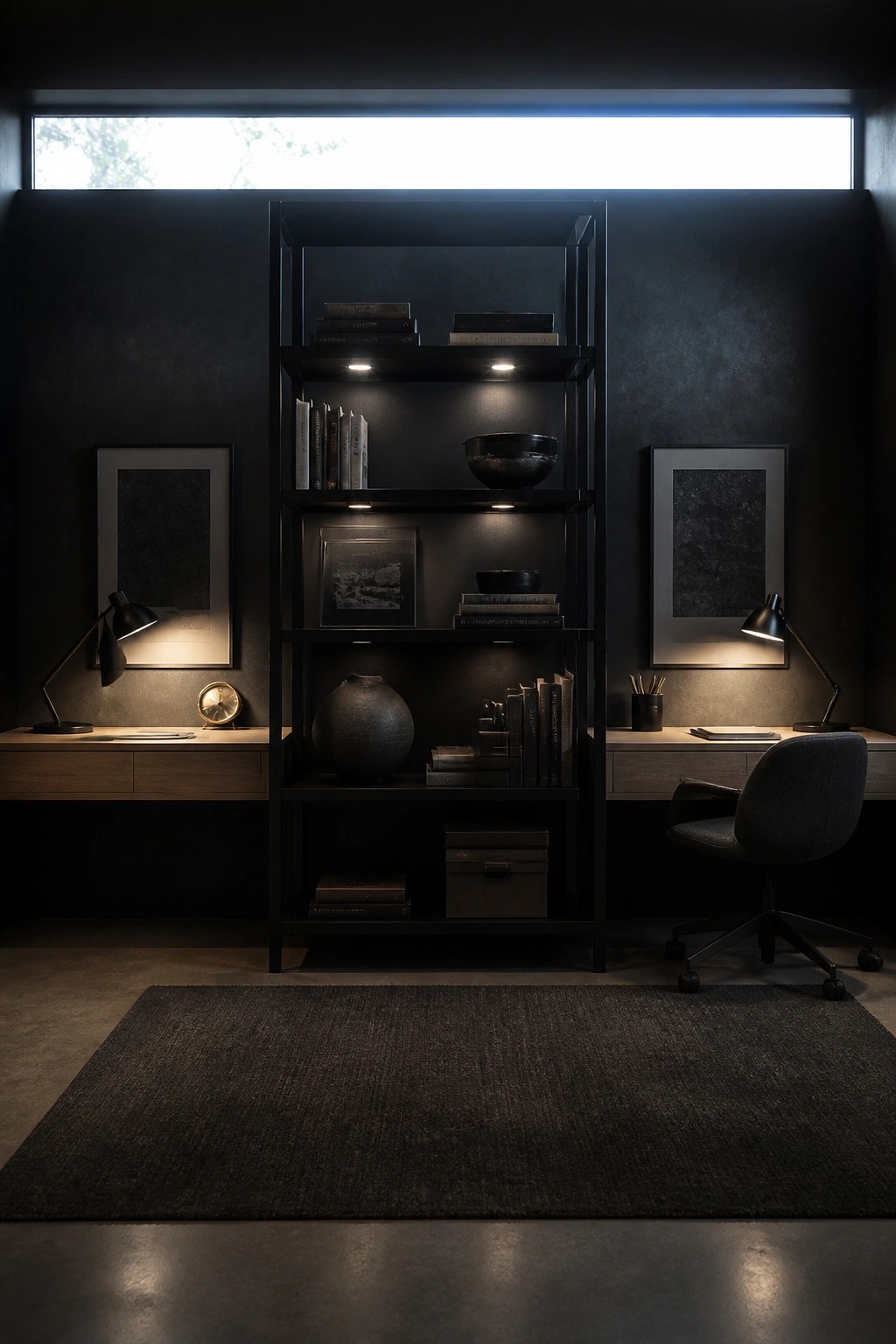 A dark minimalist home office with a tall black built-in bookshelf lit from within, positioned between two wooden desks with black lamps, framed artwork on the walls, and a large dark rug on the floor.