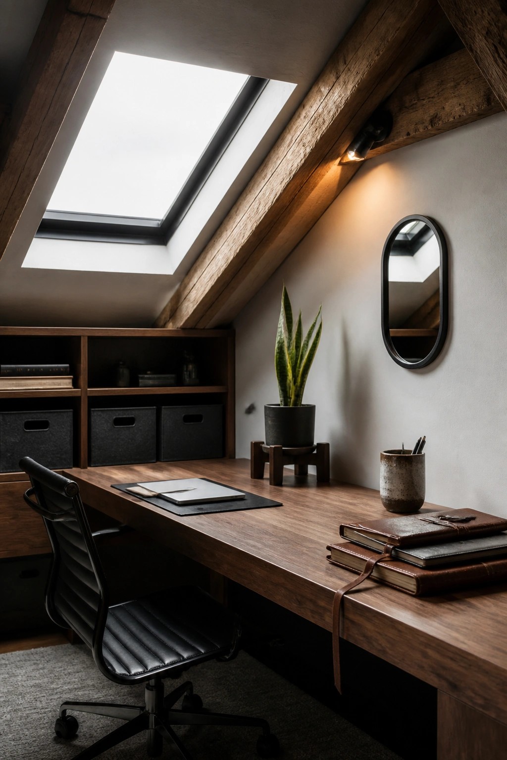 A minimalist masculine home office with a long wooden desk, black leather chair, built-in wooden shelving with storage bins, and a skylight above.