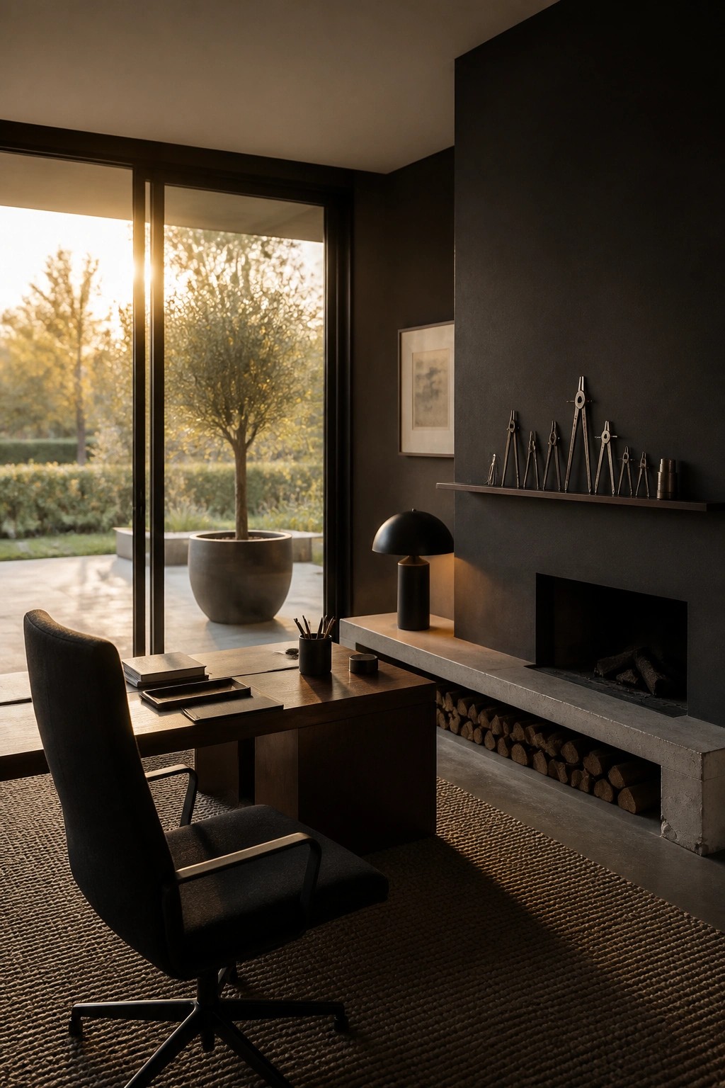 A home office with a dark accent wall, concrete fireplace, wooden desk, and black office chair positioned near large glass doors.
