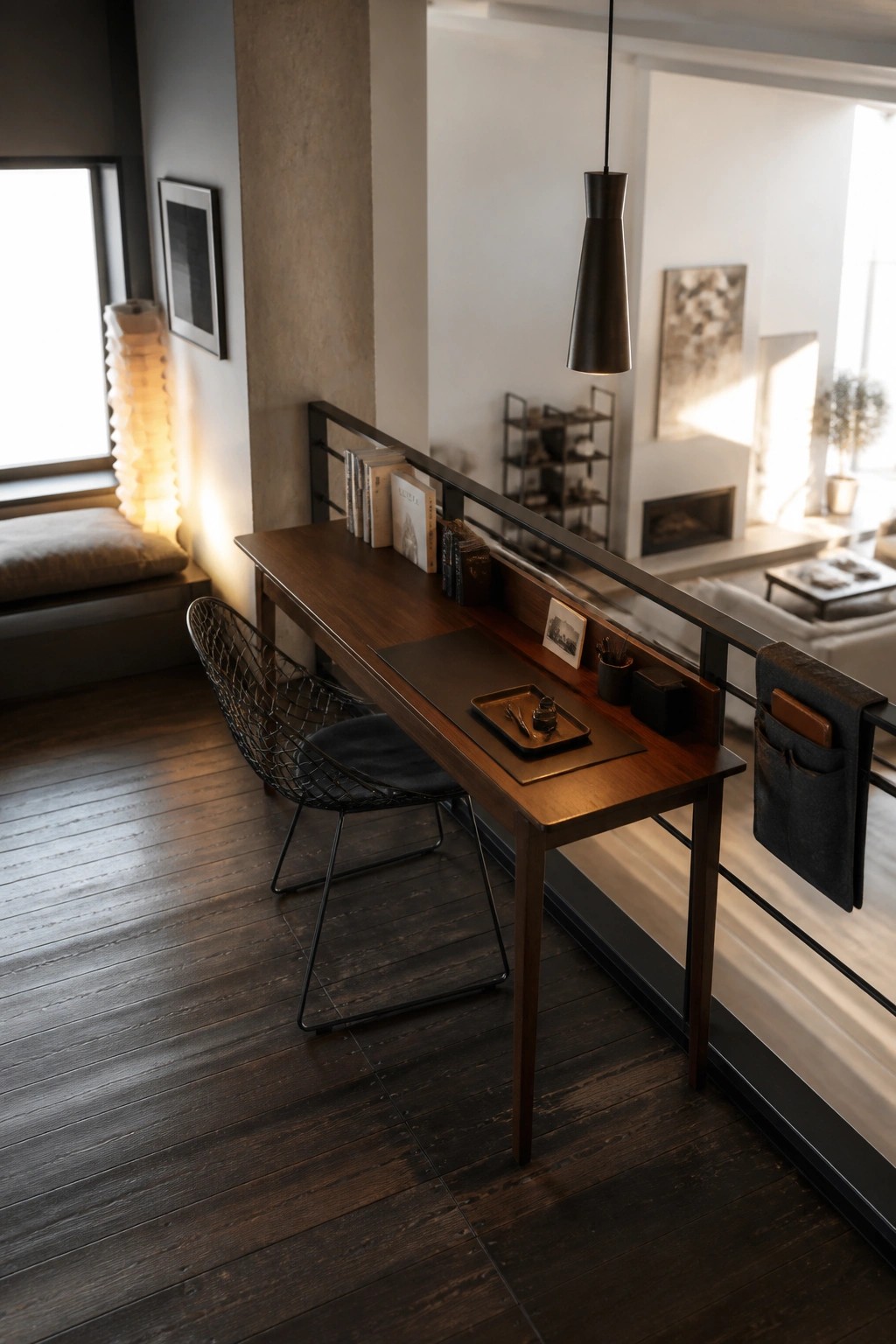A dark wood desk runs along a black metal railing overlooking a living area, with a wire chair, books, and a desk tray on the surface.