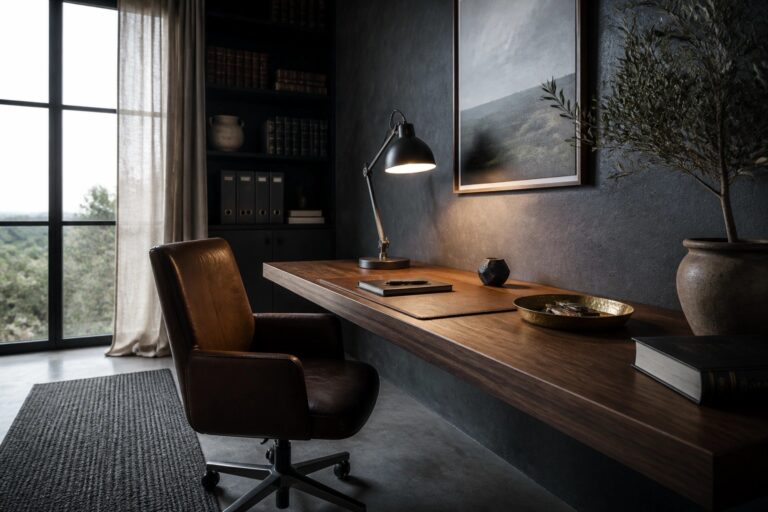 17 Minimalist Masculine Home Office Ideas That Feel Calm and Powerful A minimalist home office featuring a dark brown leather swivel chair at a long wooden desk, set against dark textured walls with built-in shelves and a large window.