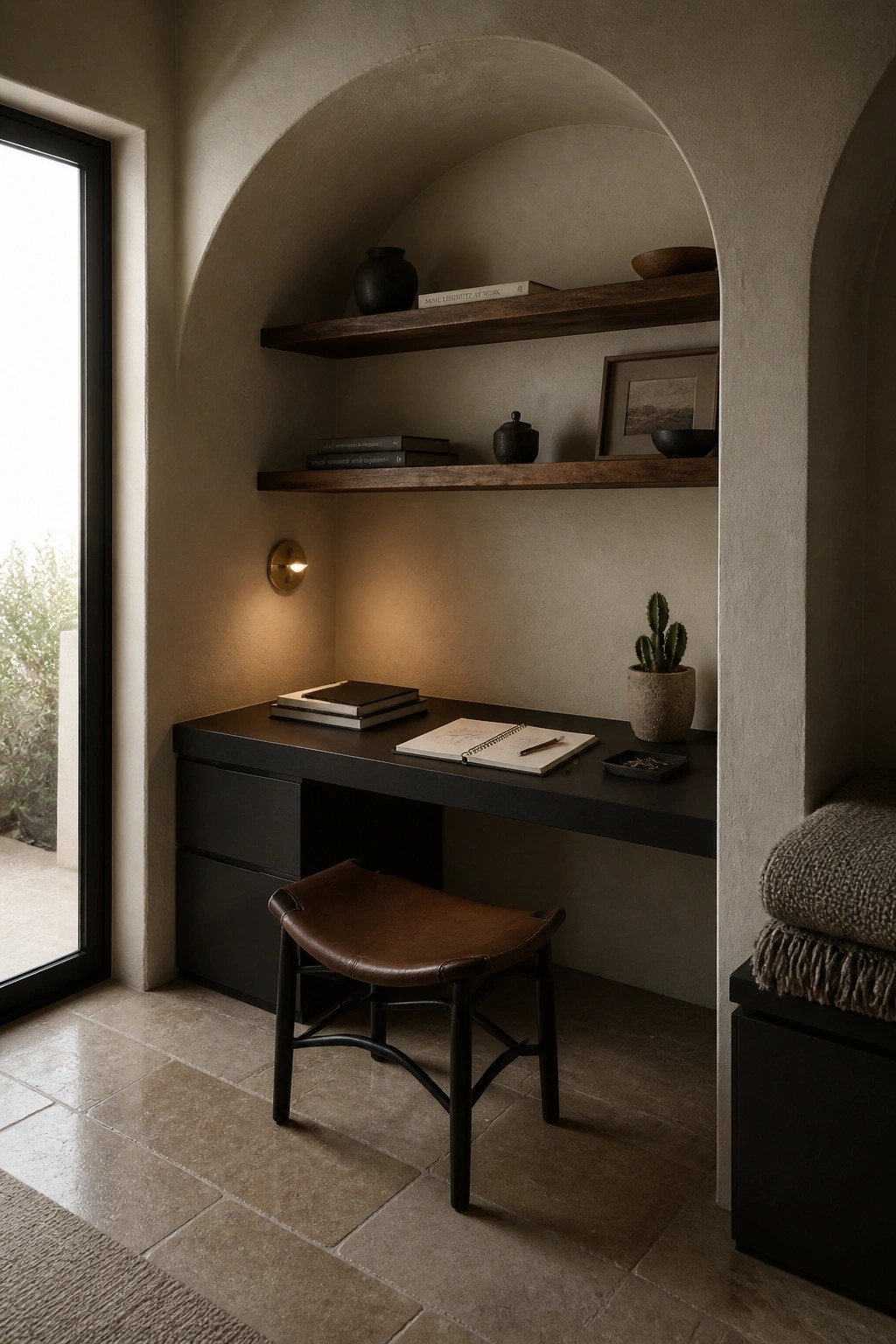 A minimalist home office with a dark desk and leather stool set inside a plaster arched niche containing two floating wooden shelves, a wall sconce, and a small potted cactus.