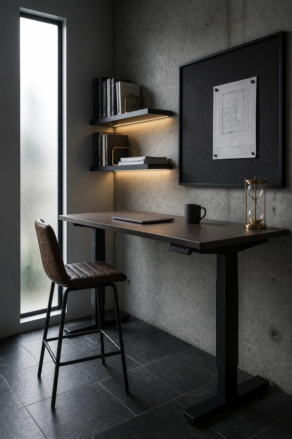 A minimalist home office with a dark wood height-adjustable desk, brown leather chair, floating black shelves with LED strip lighting, and a large framed blueprint on a concrete wall.