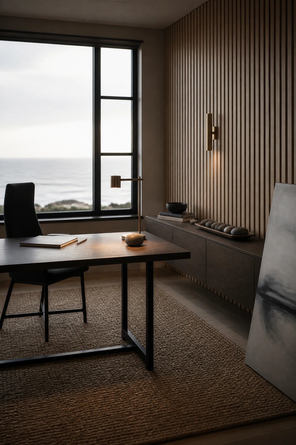 Minimalist dark wood desk in serene ocean-view office with wooden accents and rug.