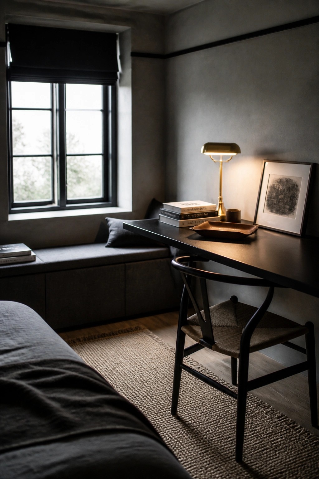 A minimalist home office featuring a black desk with a brass lamp, books, and a tray, next to a black wooden chair and a window with a built-in bench seat.