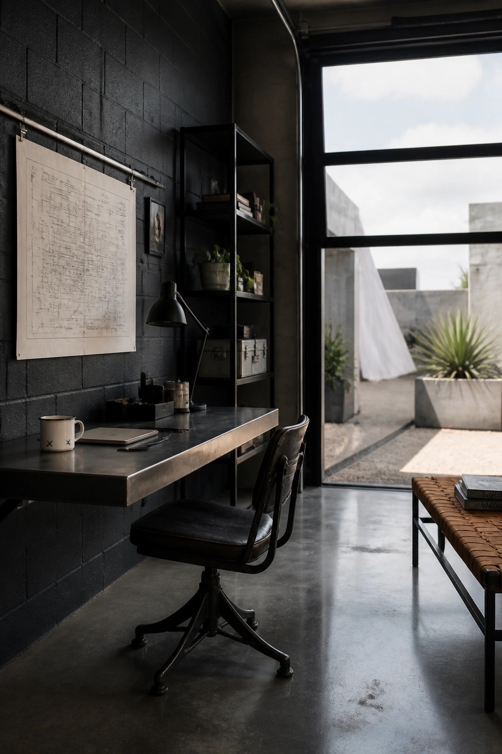 A home office interior with a metal desk, black leather swivel chair, black brick wall, and open black shelving unit.