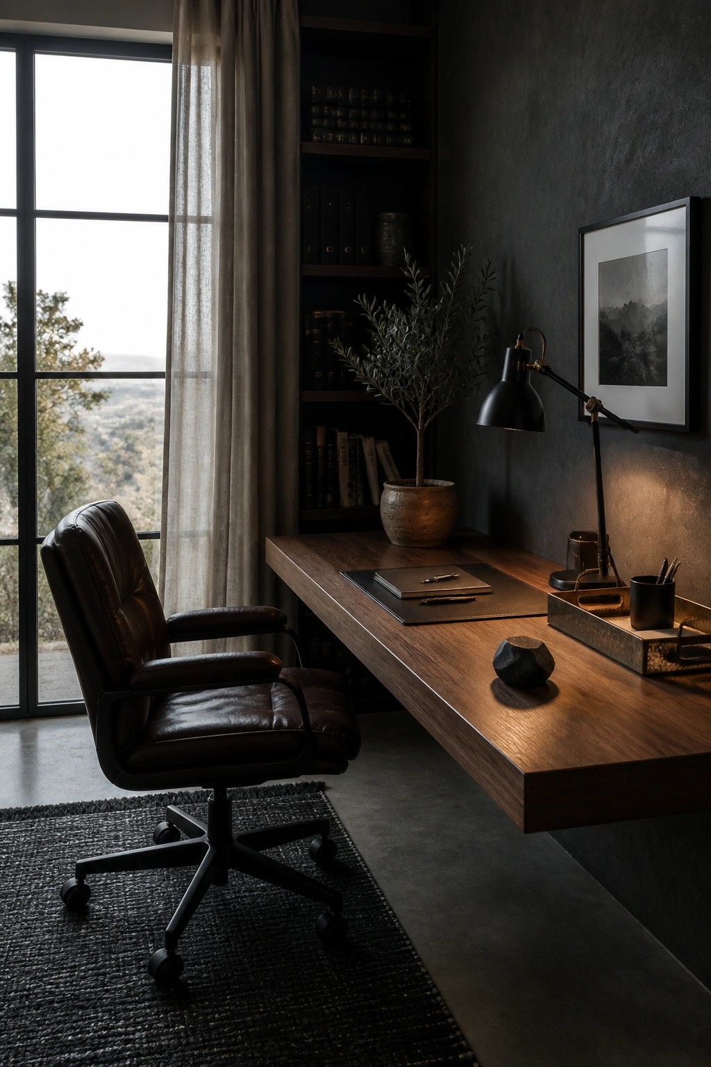 A minimalist home office featuring a dark brown leather swivel chair at a long wooden desk, set against dark textured walls with built-in shelves and a large window.