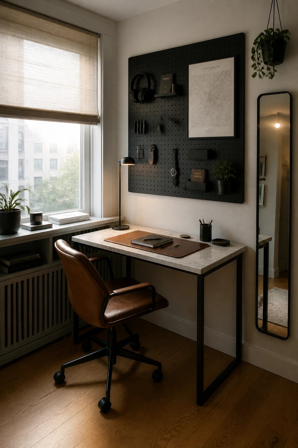 A home office featuring a black pegboard wall above a white marble desk with a brown leather office chair positioned in front of a window.