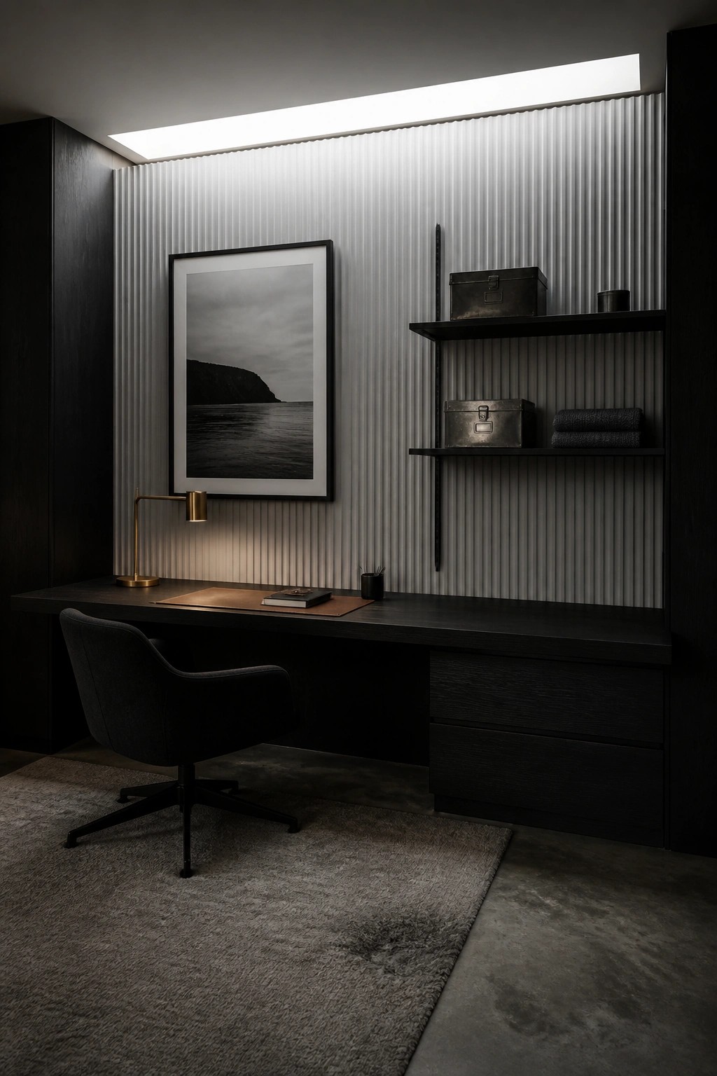 A dark minimalist home office featuring a long wooden desk, gray swivel chair on a rug, black and white landscape art on a vertically ribbed wall, floating black shelves with storage boxes, and a linear ceiling light.