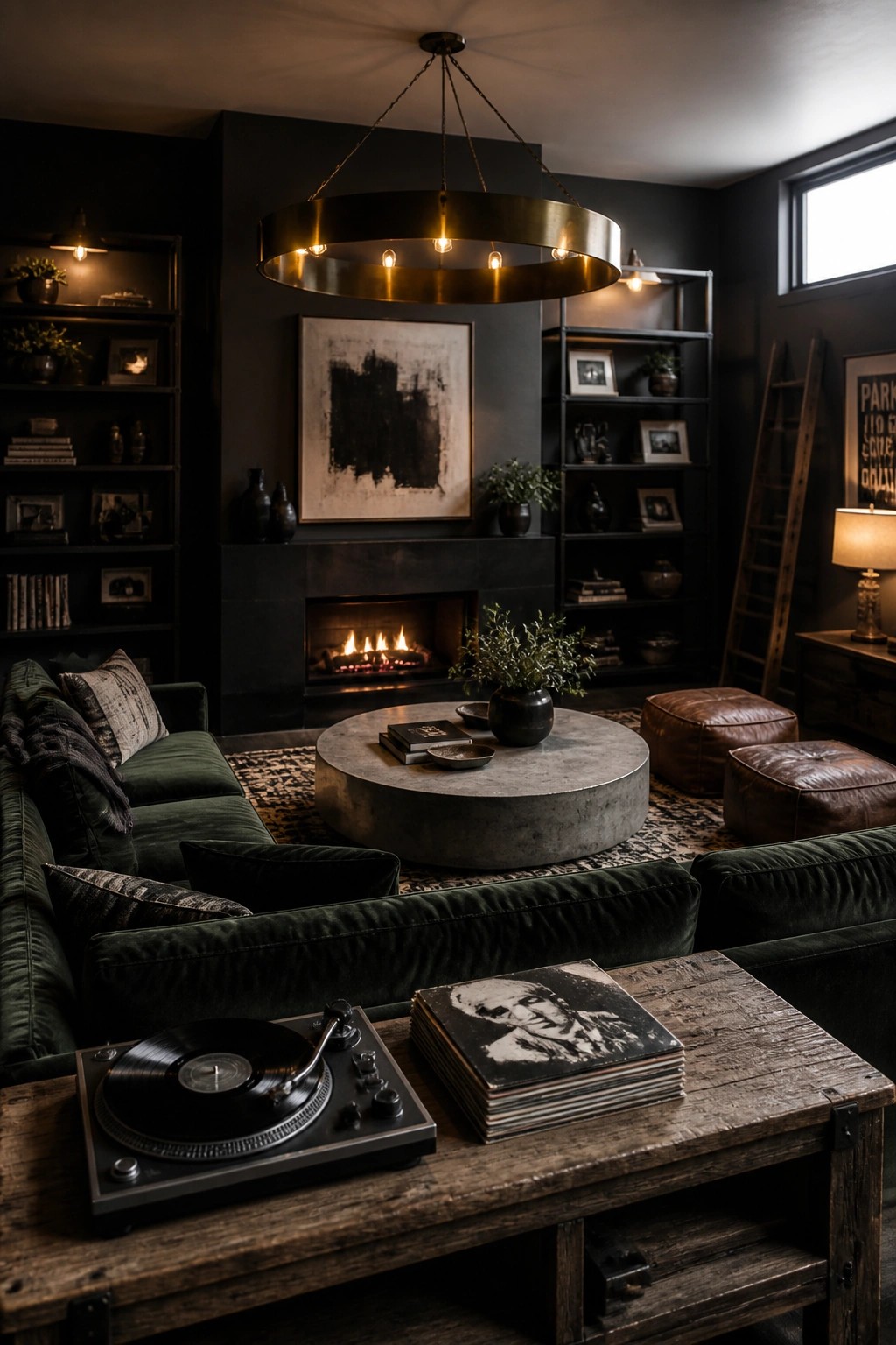 A dark living room featuring a large circular brass chandelier suspended above a round concrete coffee table, green velvet sofas, a fireplace, and a record player on a wooden table in the foreground.