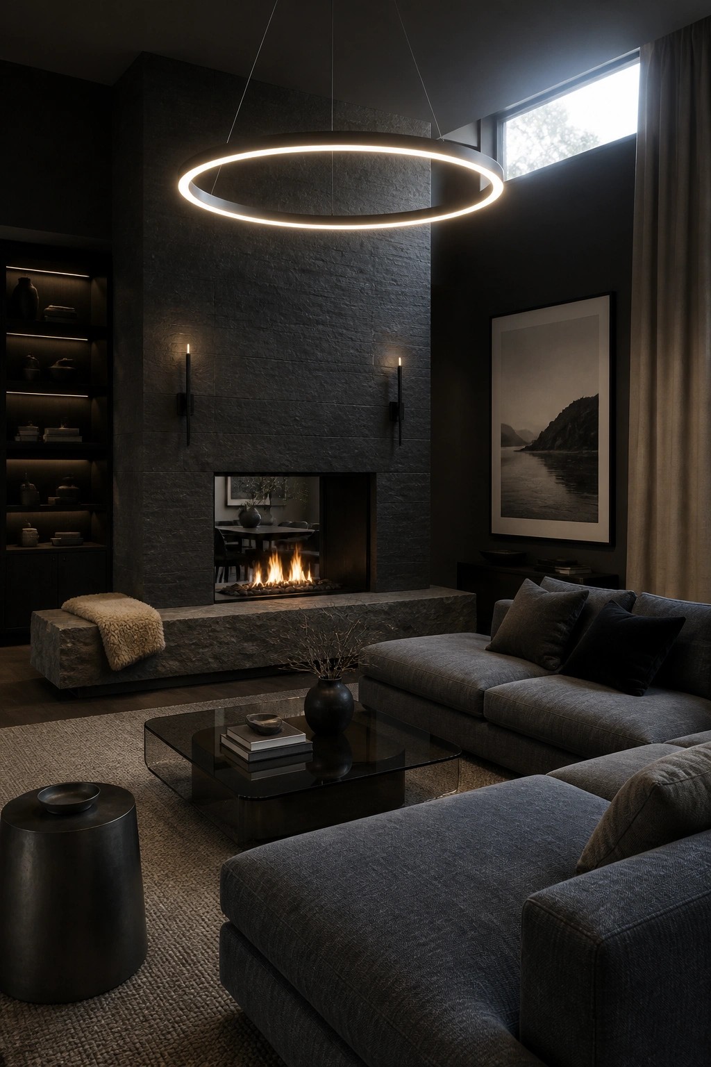 A living room featuring a large illuminated circular pendant light suspended above a gray sectional sofa, glass coffee table, and dark stone fireplace.