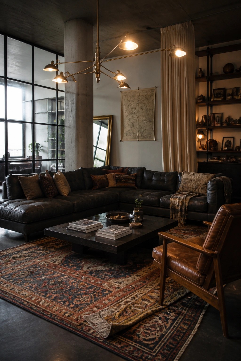 A spacious industrial-style living room featuring a large multi-arm brass chandelier hanging above a dark leather sectional sofa and dark wood coffee table on a patterned area rug.
